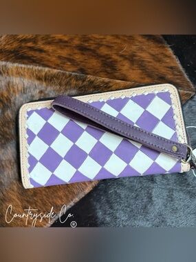 Purple and White Checkered Wristlet Clutch